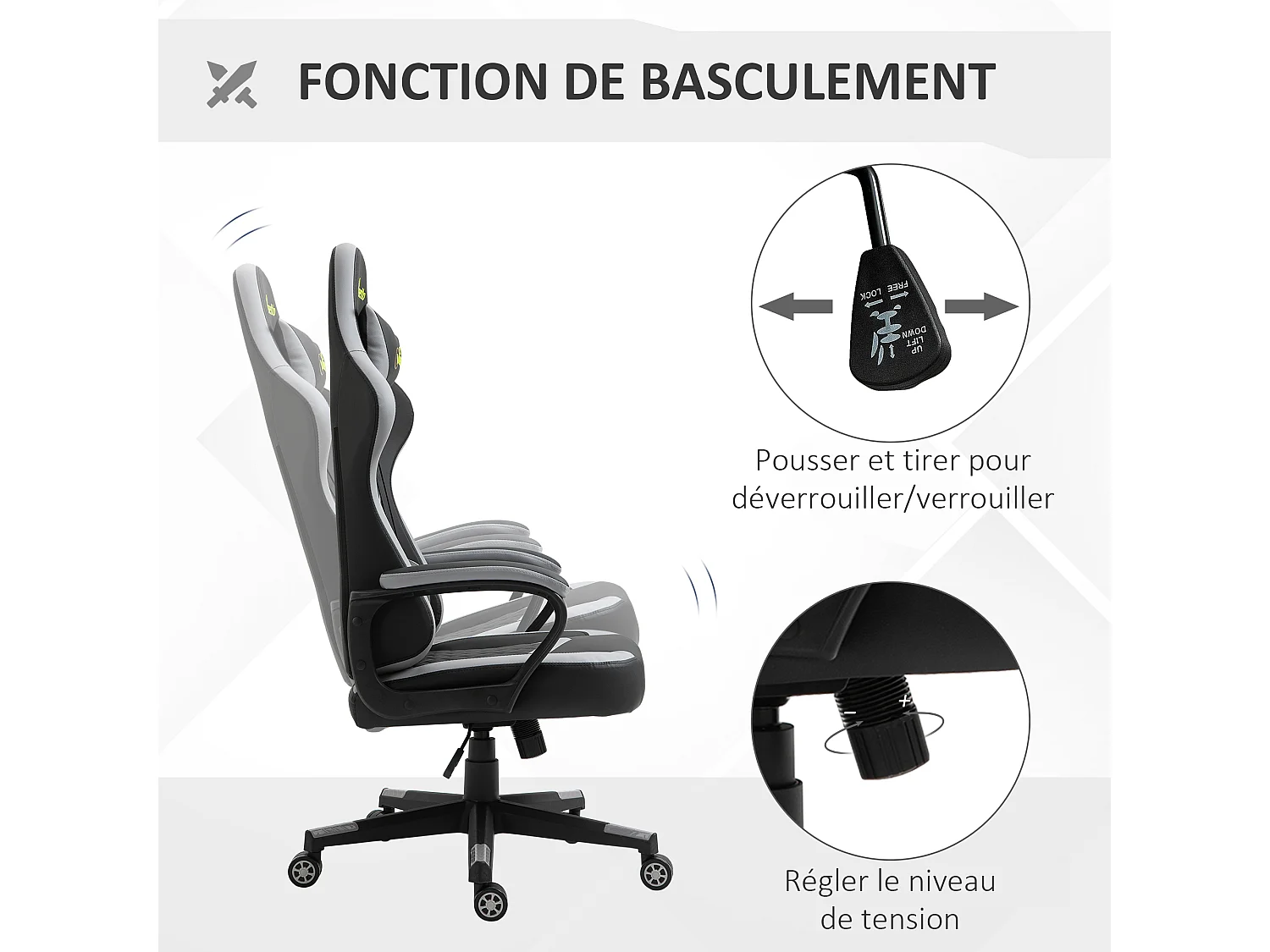 Chaise de bureau gaming réglable - coussin lombaires et tétière inclus - fonction bascule verrouillable - noir gris