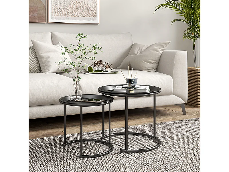 Lot de 2 tables basses gigognes rondes design contemporain encastrable plateaux amovibles acier noir