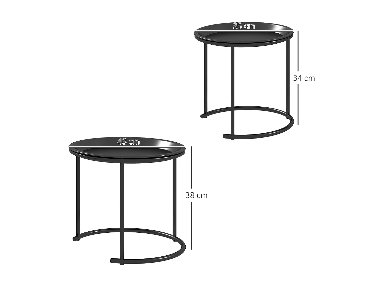 Lot de 2 tables basses gigognes rondes design contemporain encastrable plateaux amovibles acier noir