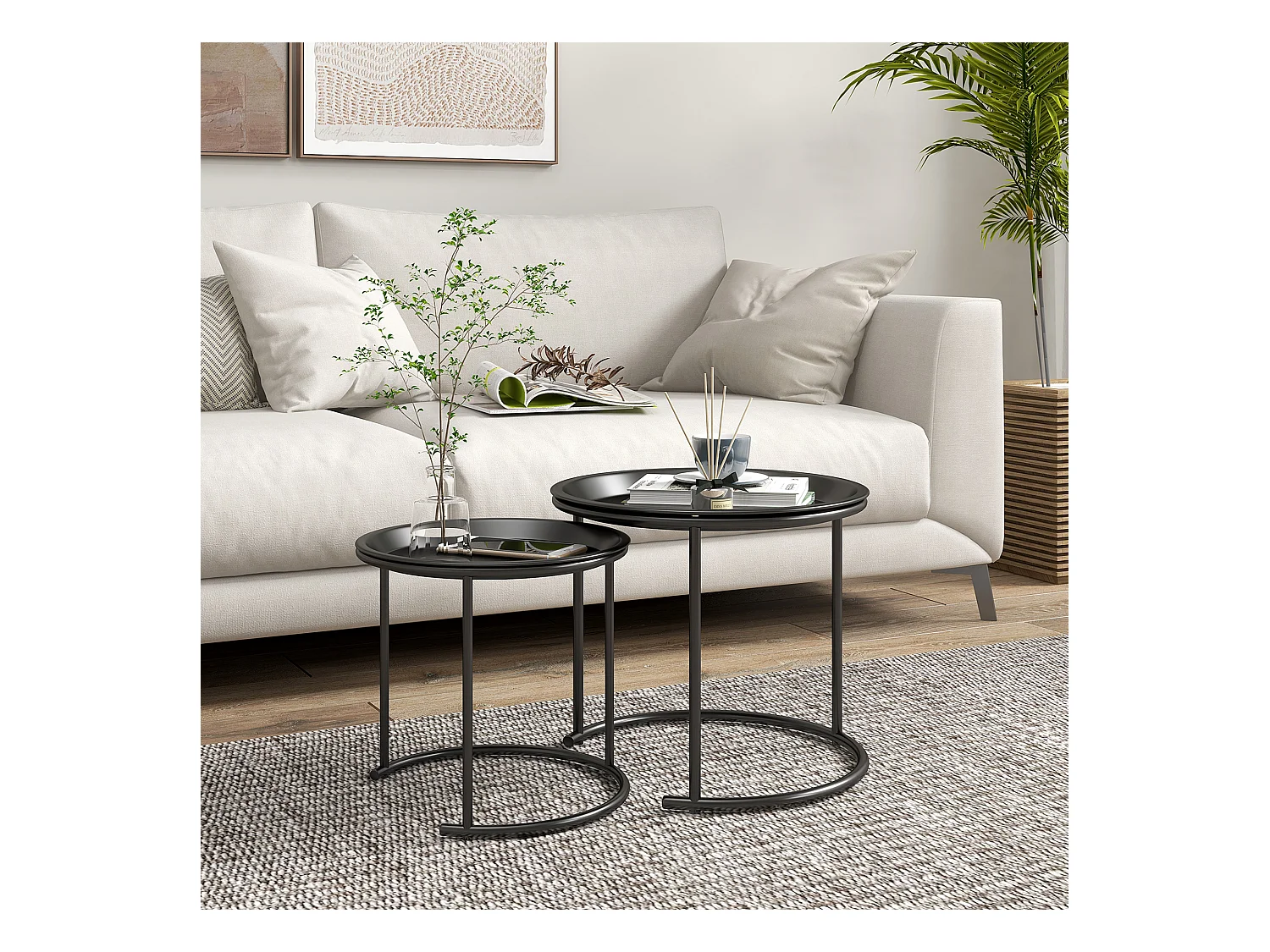 Lot de 2 tables basses gigognes rondes design contemporain encastrable plateaux amovibles acier noir