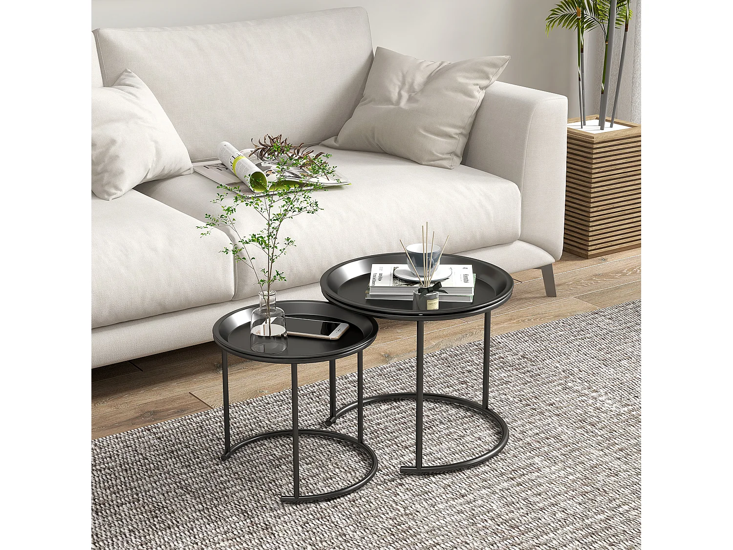 Lot de 2 tables basses gigognes rondes design contemporain encastrable plateaux amovibles acier noir