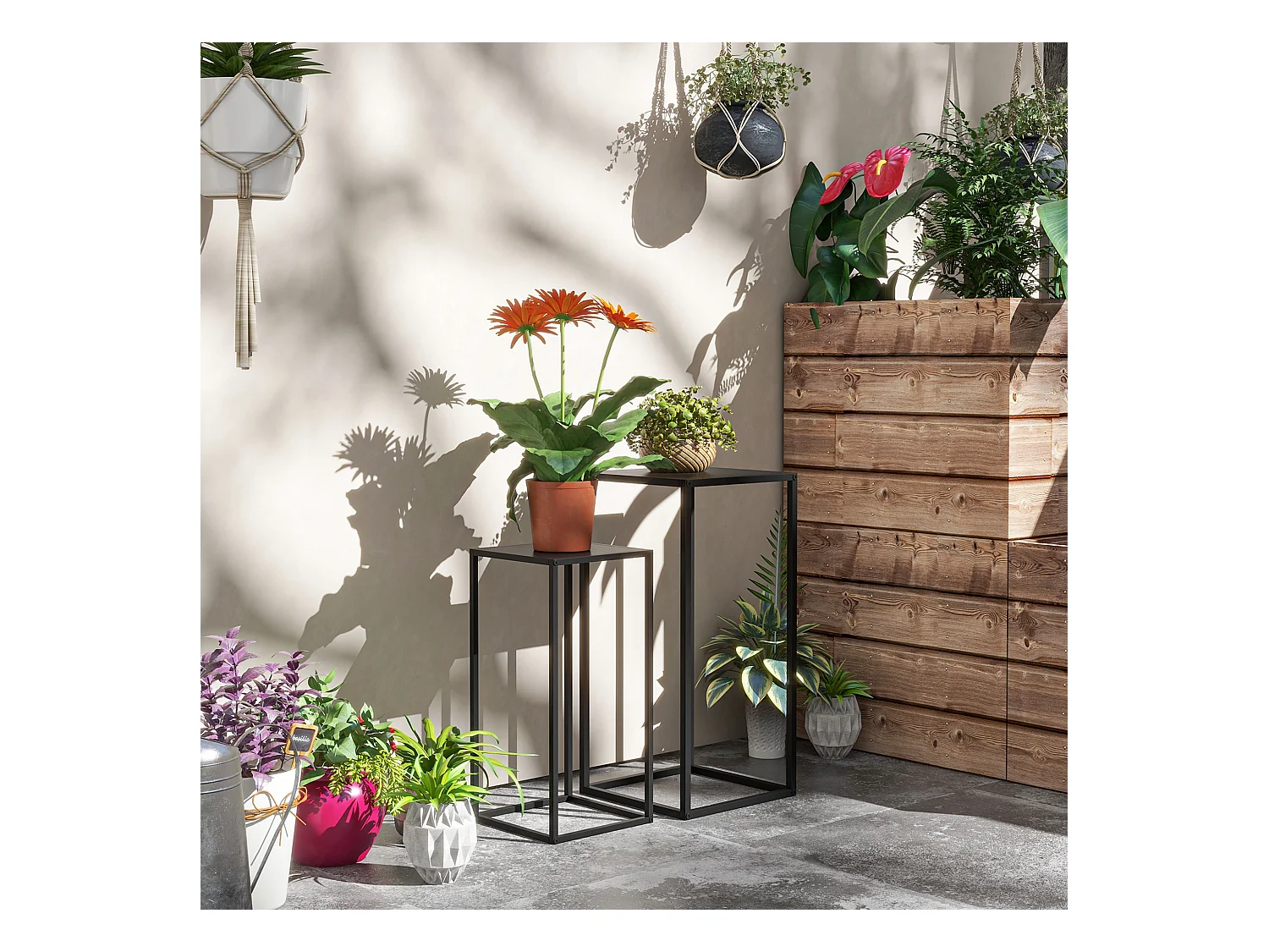 Support pots de fleurs 2 pièces - lot de 2 étagères à fleurs - portes plantes - acier époxy noir