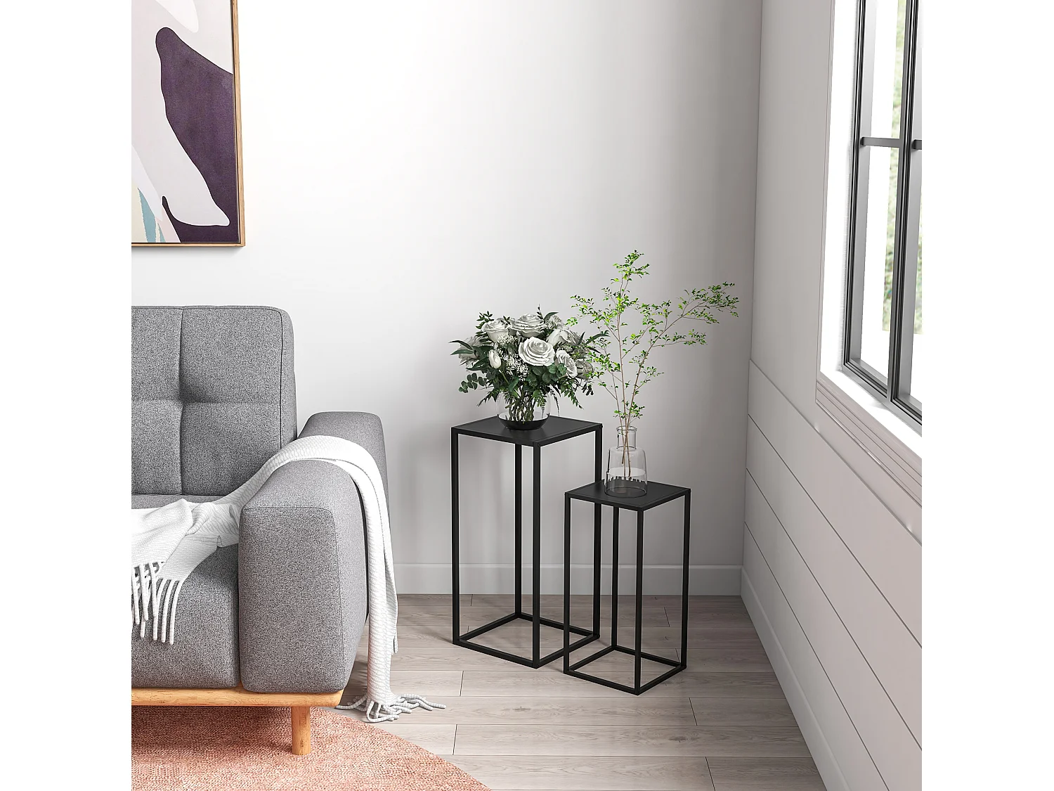 Support pots de fleurs 2 pièces - lot de 2 étagères à fleurs - portes plantes - acier époxy noir