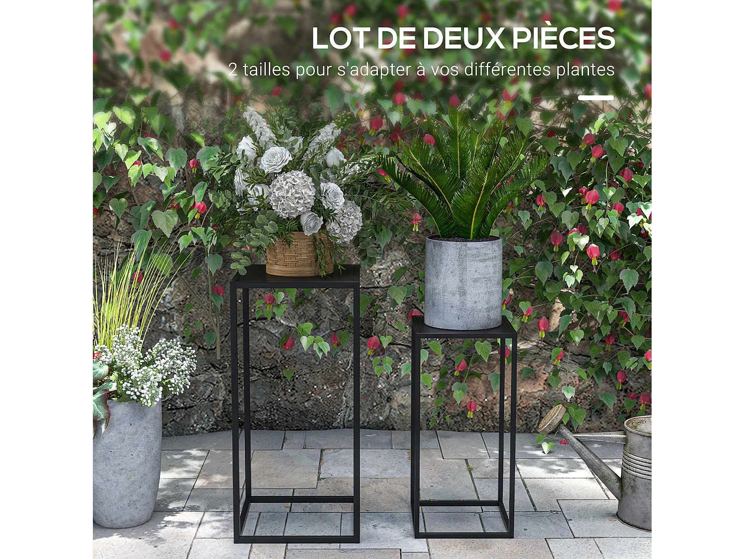 Support pots de fleurs 2 pièces - lot de 2 étagères à fleurs - portes plantes - acier époxy noir