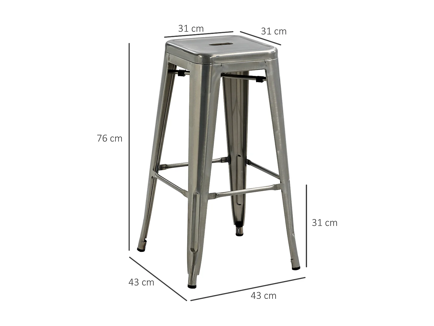 Lot de 4 tabourets de bar industriel empilables hauteur assise 76 cm métal argenté