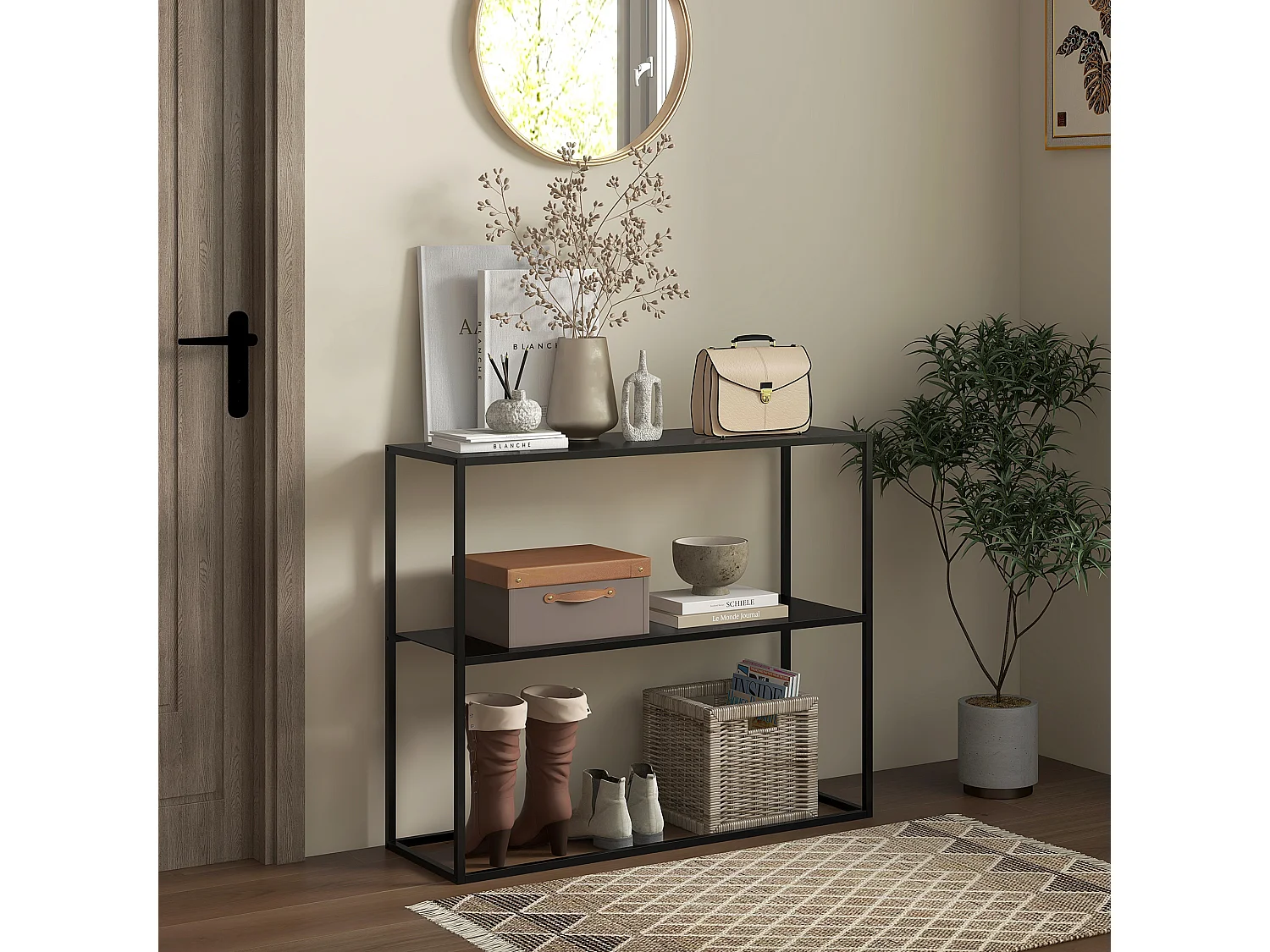 Console table d'appoint style contemporain avec étagère - dim. 90L x 30l x 75H cm - acier noir
