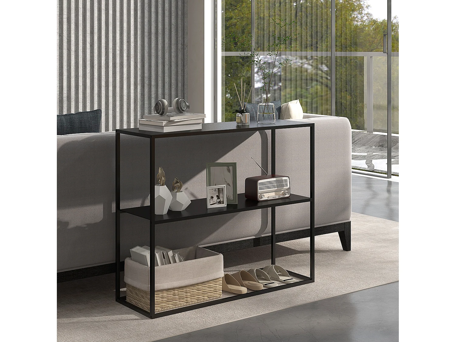 Console table d'appoint style contemporain avec étagère - dim. 90L x 30l x 75H cm - acier noir