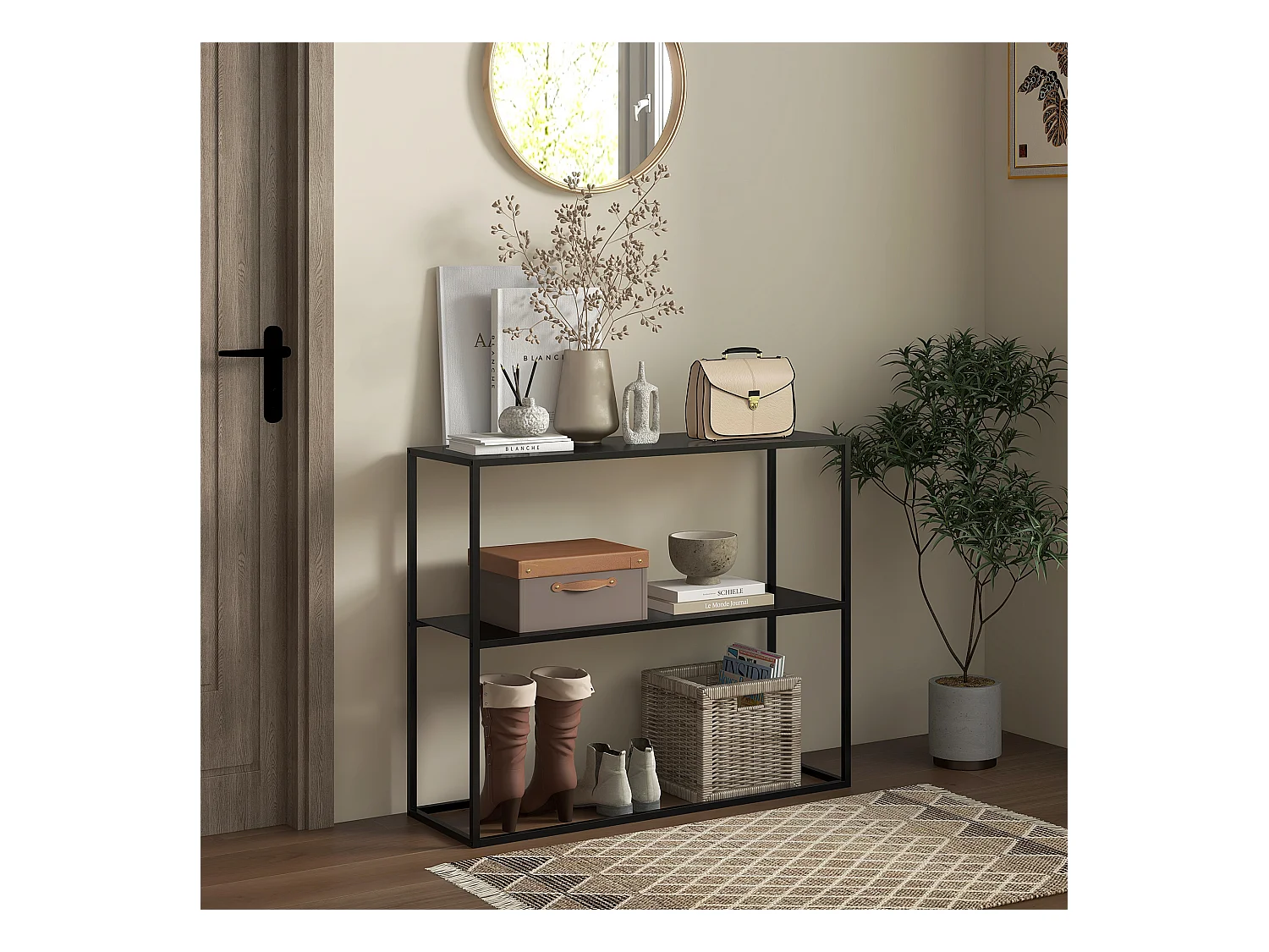 Console table d'appoint style contemporain avec étagère - dim. 90L x 30l x 75H cm - acier noir