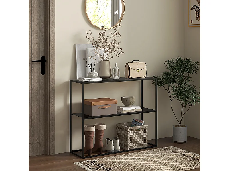 Console table d'appoint style contemporain avec étagère - dim. 90L x 30l x 75H cm - acier noir