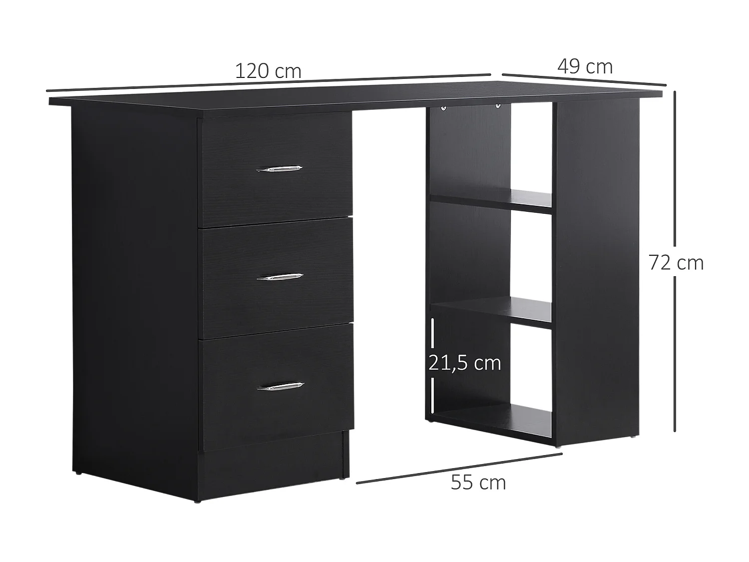 Bureau informatique meuble de bureau 3 tiroirs coulissants + 3 étagères grand plateau 120L x 49l x 72H cm MDF noir