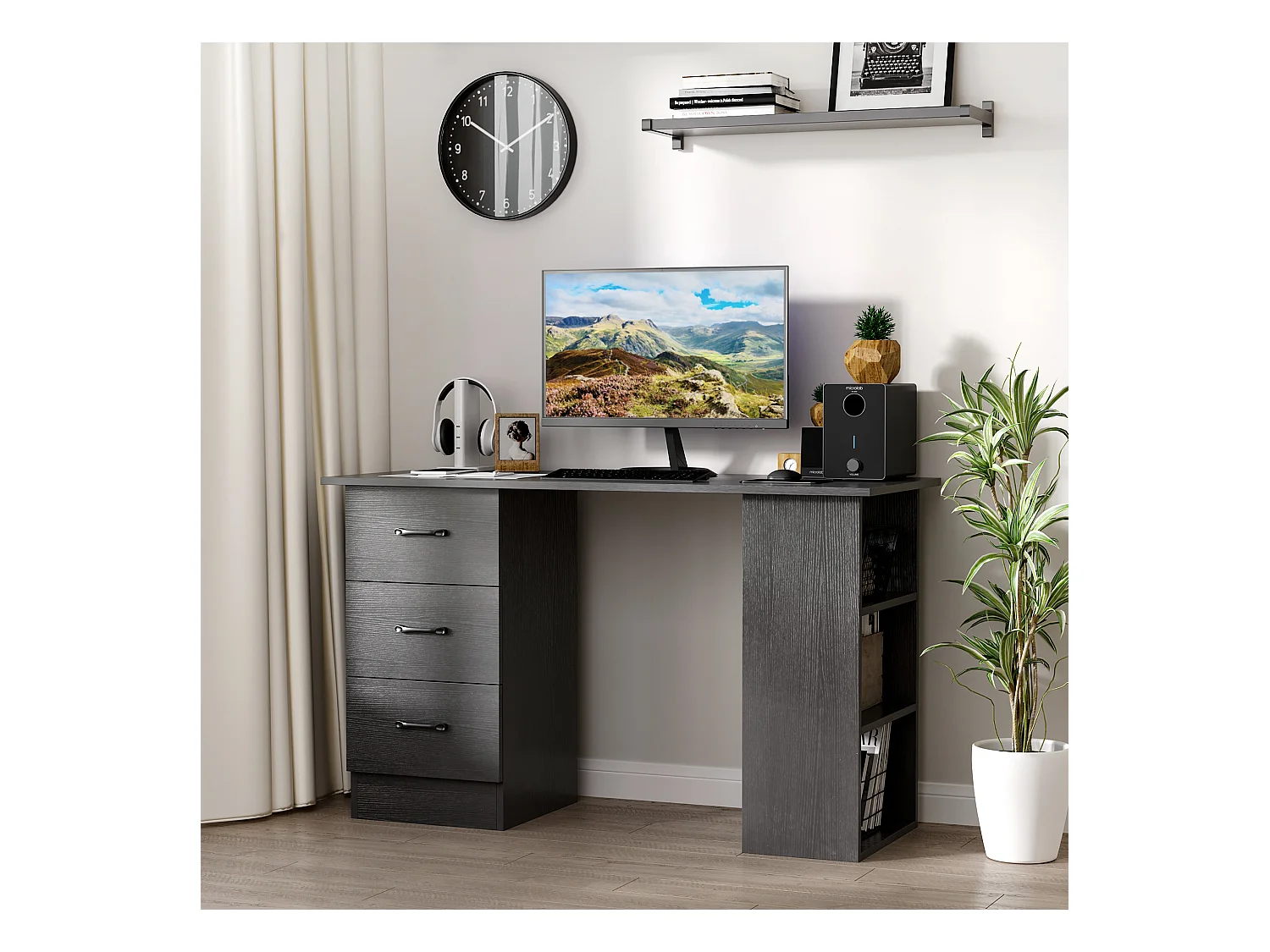 Bureau informatique meuble de bureau 3 tiroirs coulissants + 3 étagères grand plateau 120L x 49l x 72H cm MDF noir