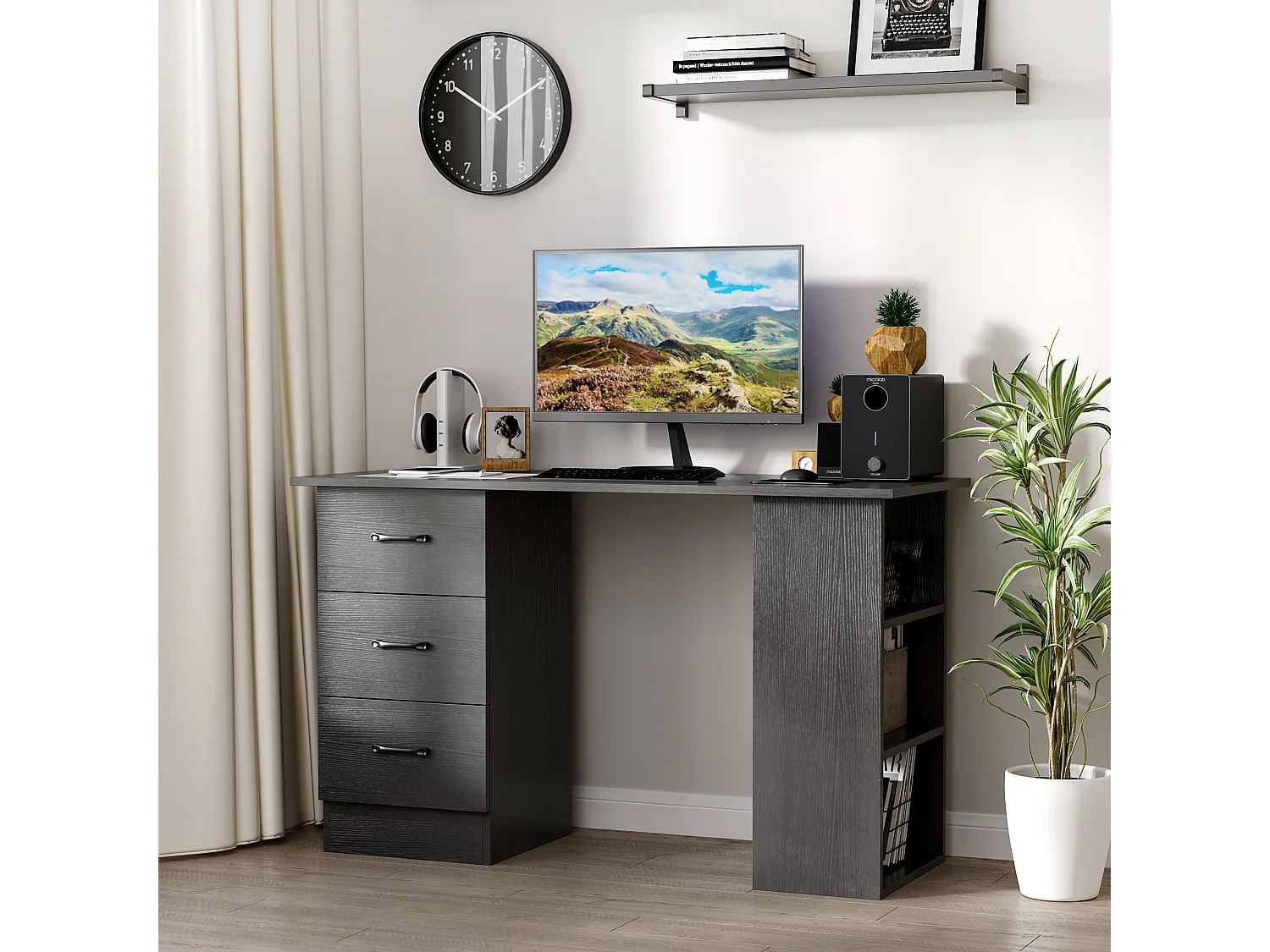 Bureau informatique meuble de bureau 3 tiroirs coulissants + 3 étagères grand plateau 120L x 49l x 72H cm MDF noir