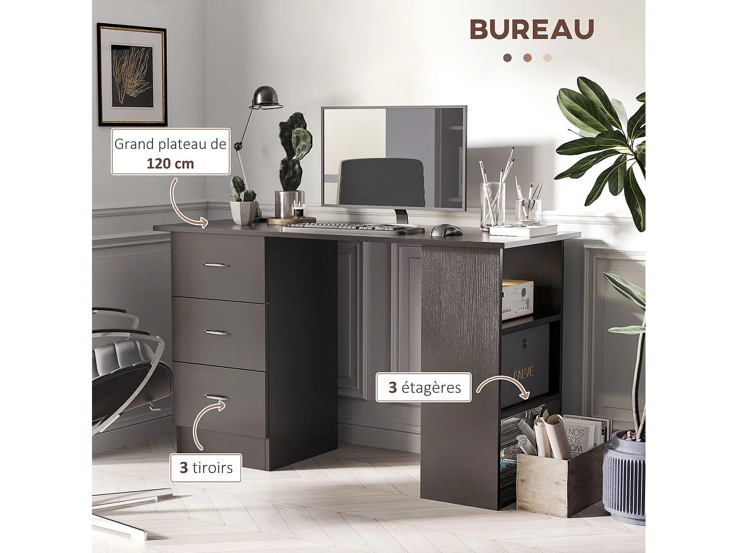 Bureau informatique meuble de bureau 3 tiroirs coulissants + 3 étagères grand plateau 120L x 49l x 72H cm MDF noir