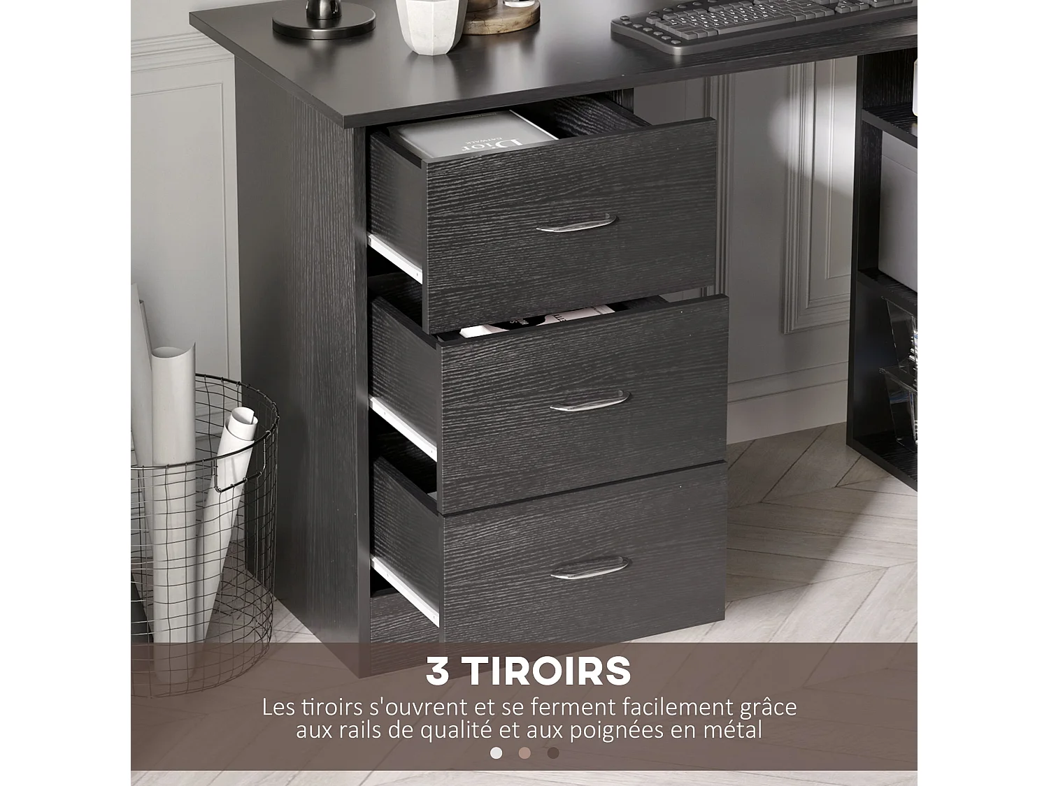 Bureau informatique meuble de bureau 3 tiroirs coulissants + 3 étagères grand plateau 120L x 49l x 72H cm MDF noir