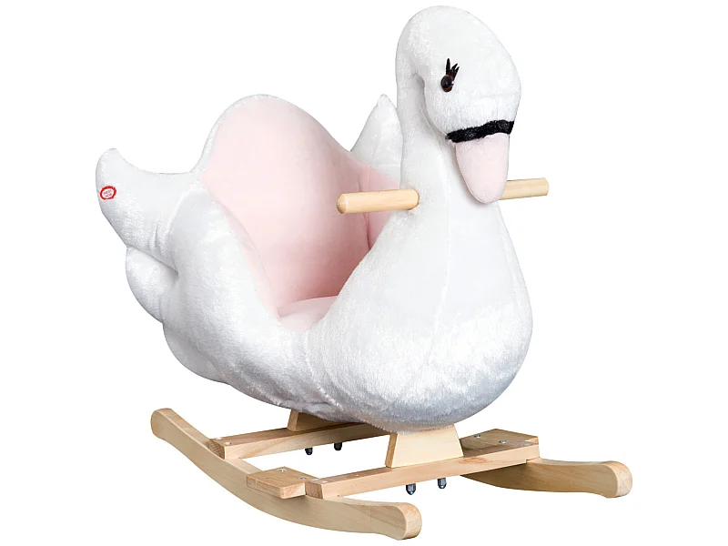Cheval à bascule modèle cygne fonction musicale assise enveloppante cale-pieds bois peluche douce blanc rose
