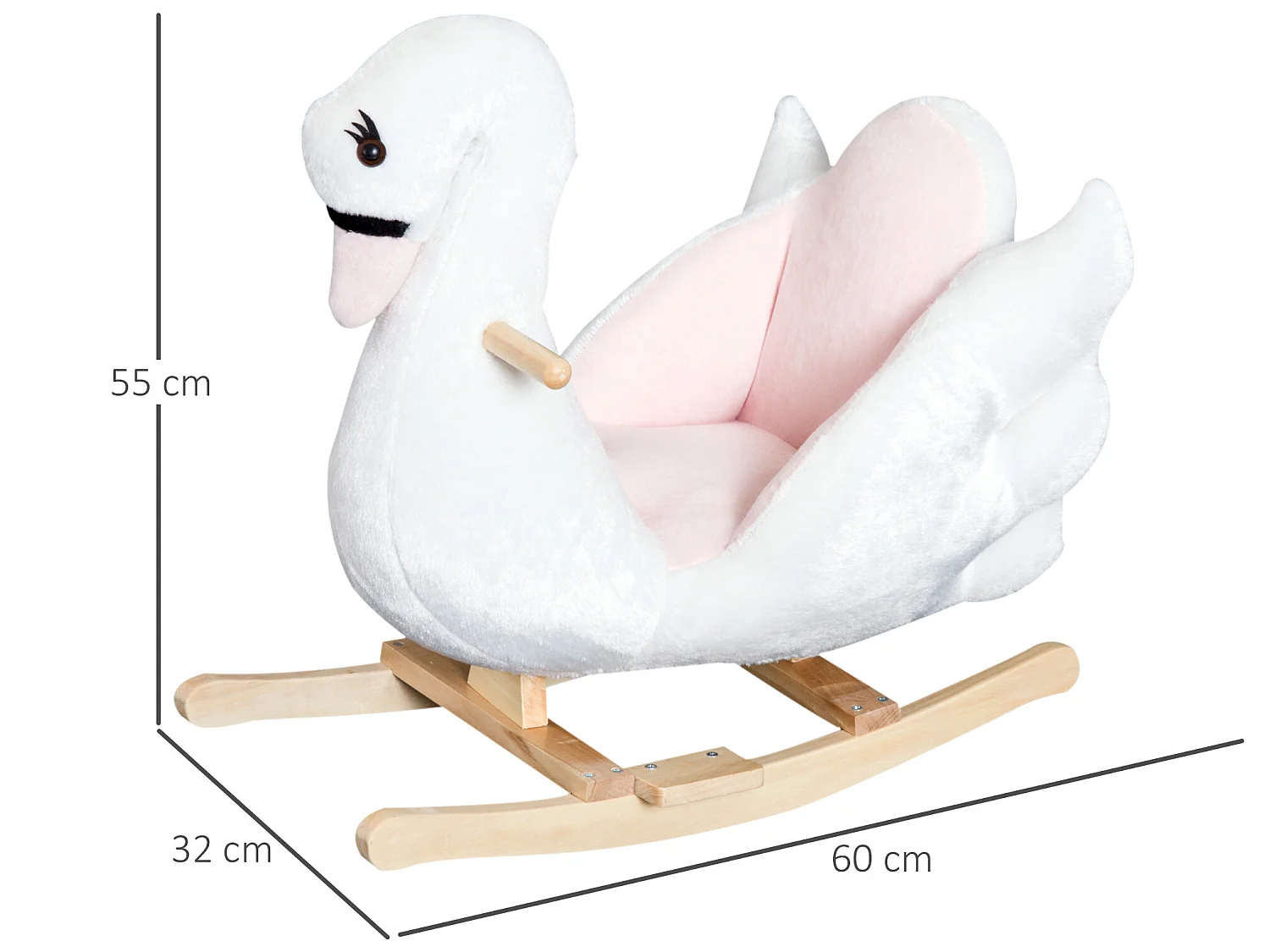 Cheval à bascule modèle cygne fonction musicale assise enveloppante cale-pieds bois peluche douce blanc rose