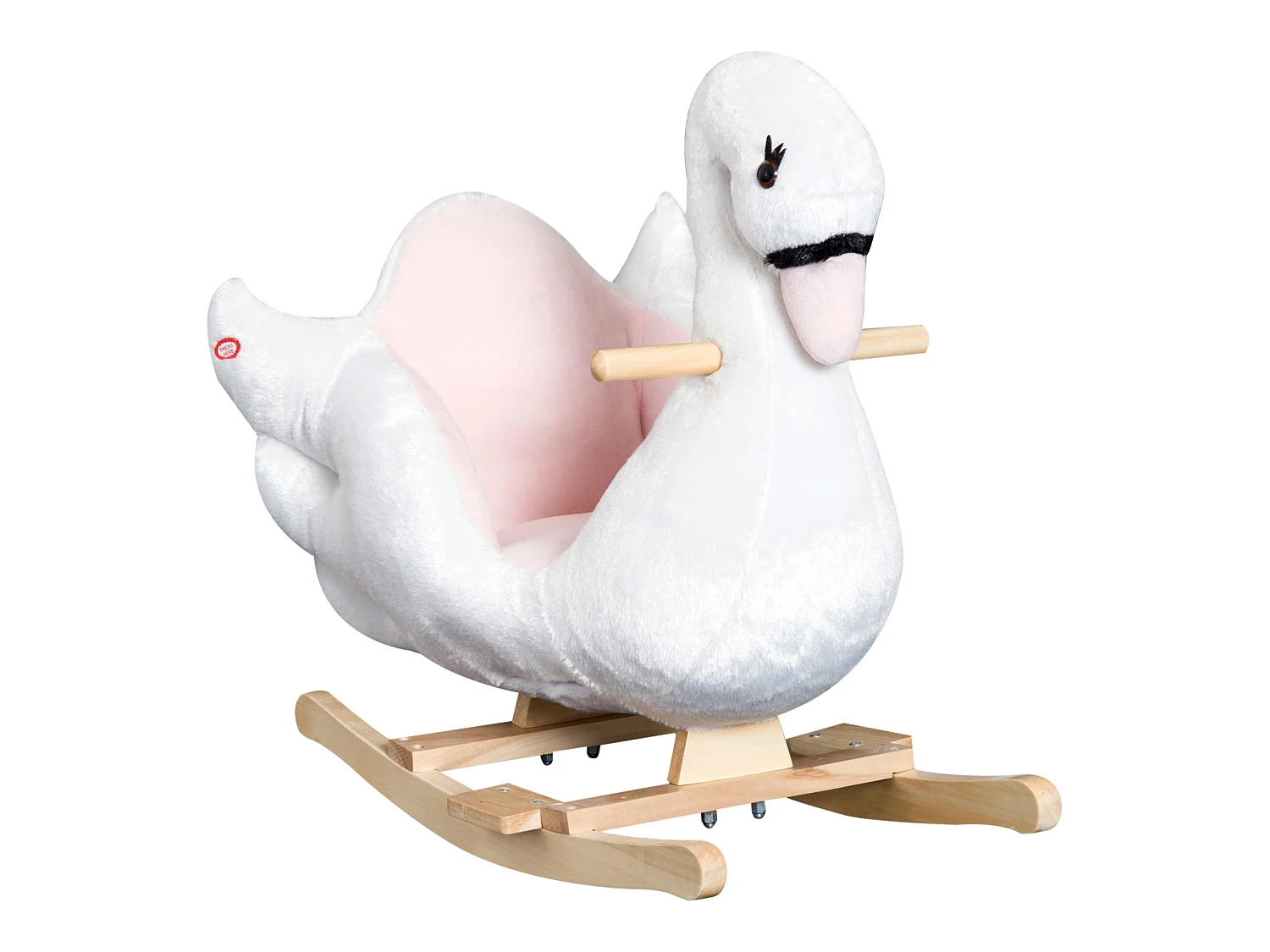 Cheval à bascule modèle cygne fonction musicale assise enveloppante cale-pieds bois peluche douce blanc rose