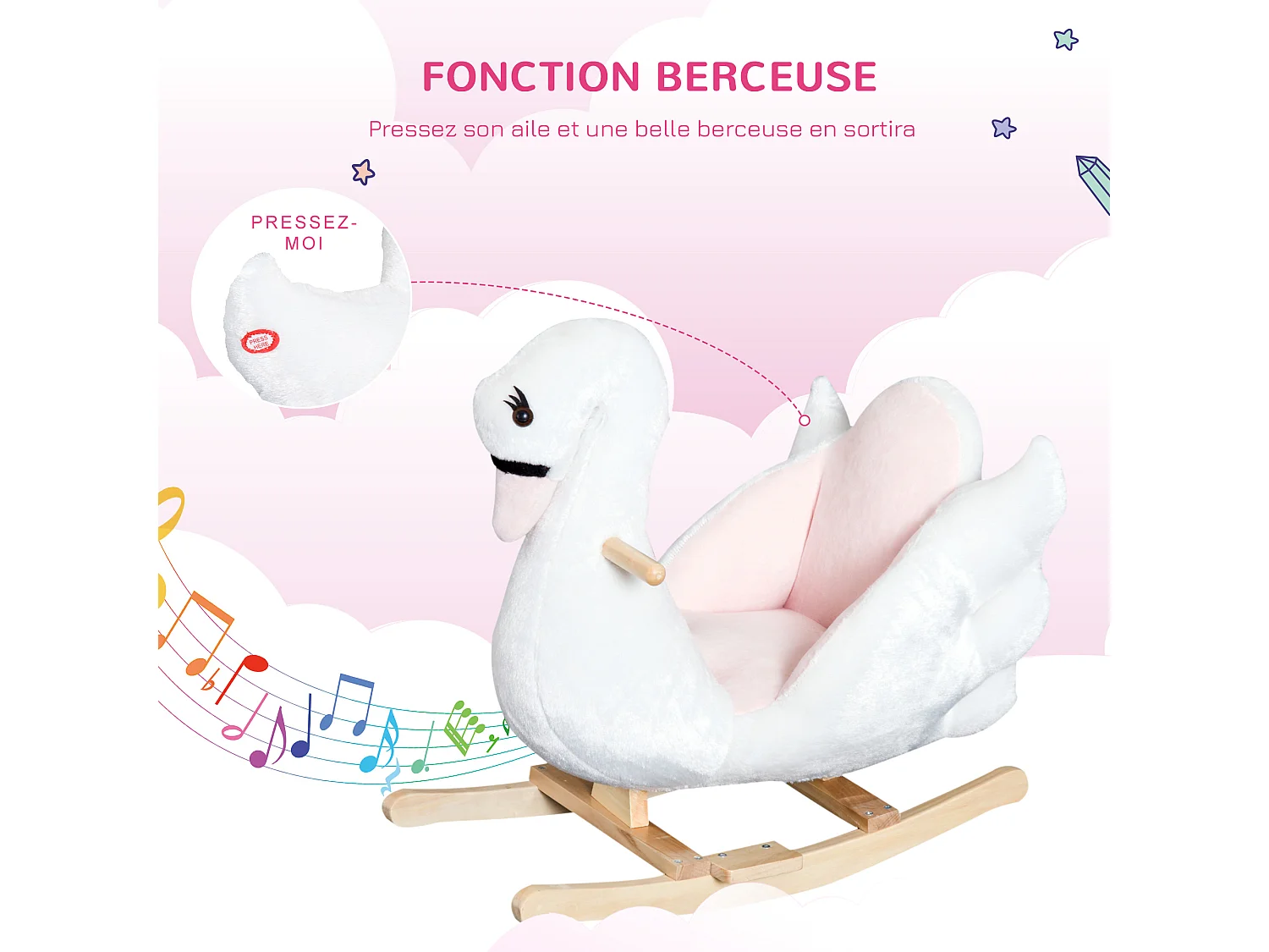 Cheval à bascule modèle cygne fonction musicale assise enveloppante cale-pieds bois peluche douce blanc rose