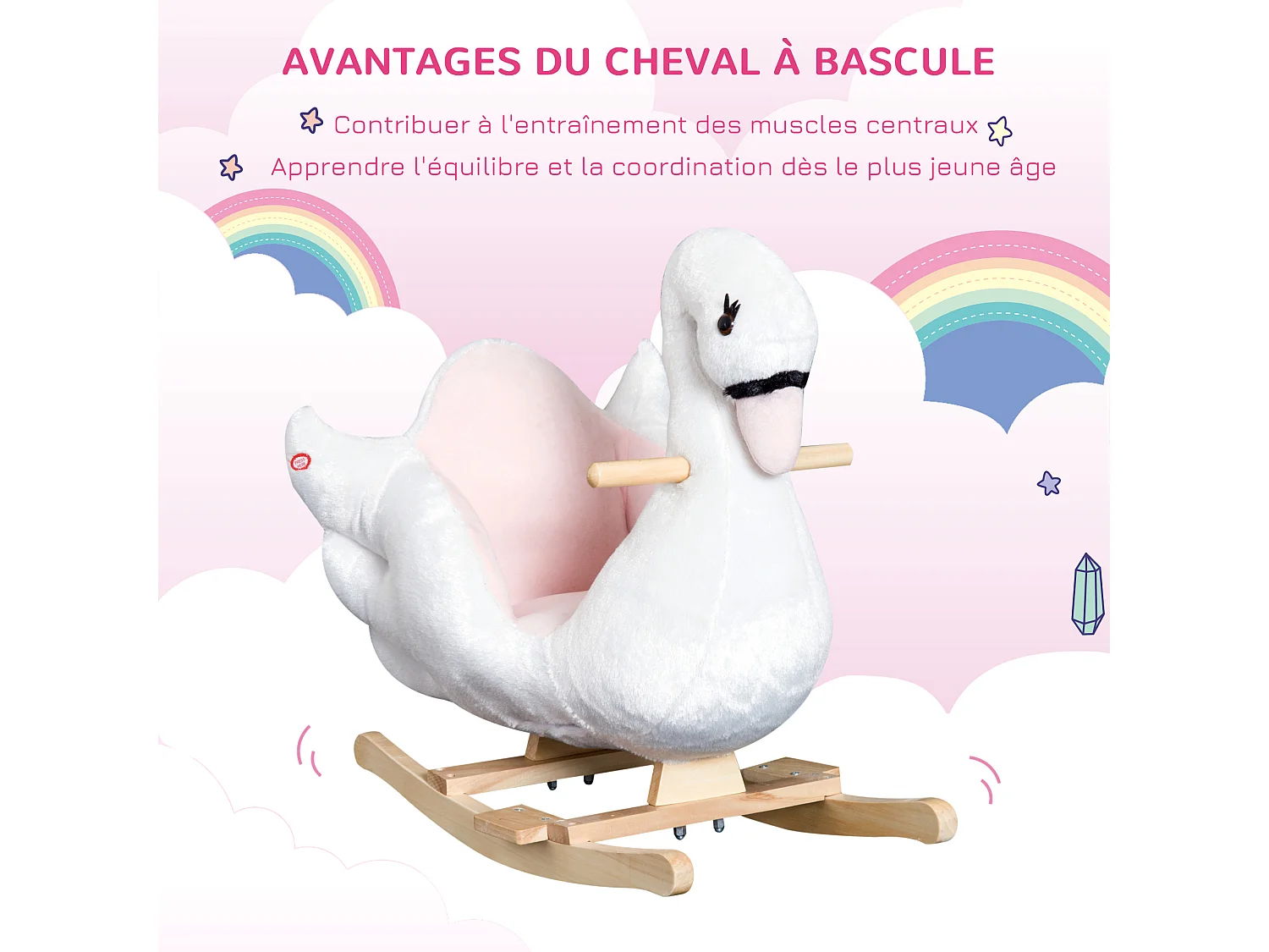 Cheval à bascule modèle cygne fonction musicale assise enveloppante cale-pieds bois peluche douce blanc rose
