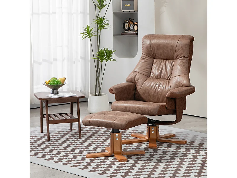 Fauteuil relax style contemporain - dossier inclinable, repose-pied - piètement bois peuplier verni tissu technique taupe clair