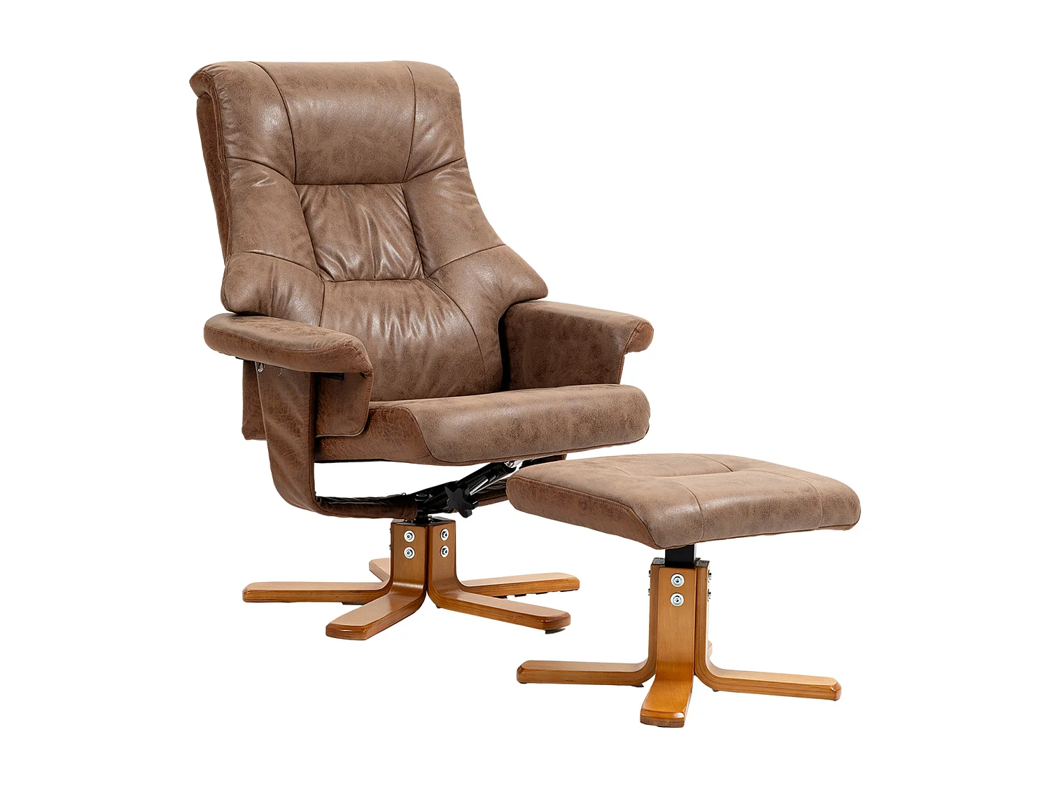 Fauteuil relax style contemporain - dossier inclinable, repose-pied - piètement bois peuplier verni tissu technique taupe clair