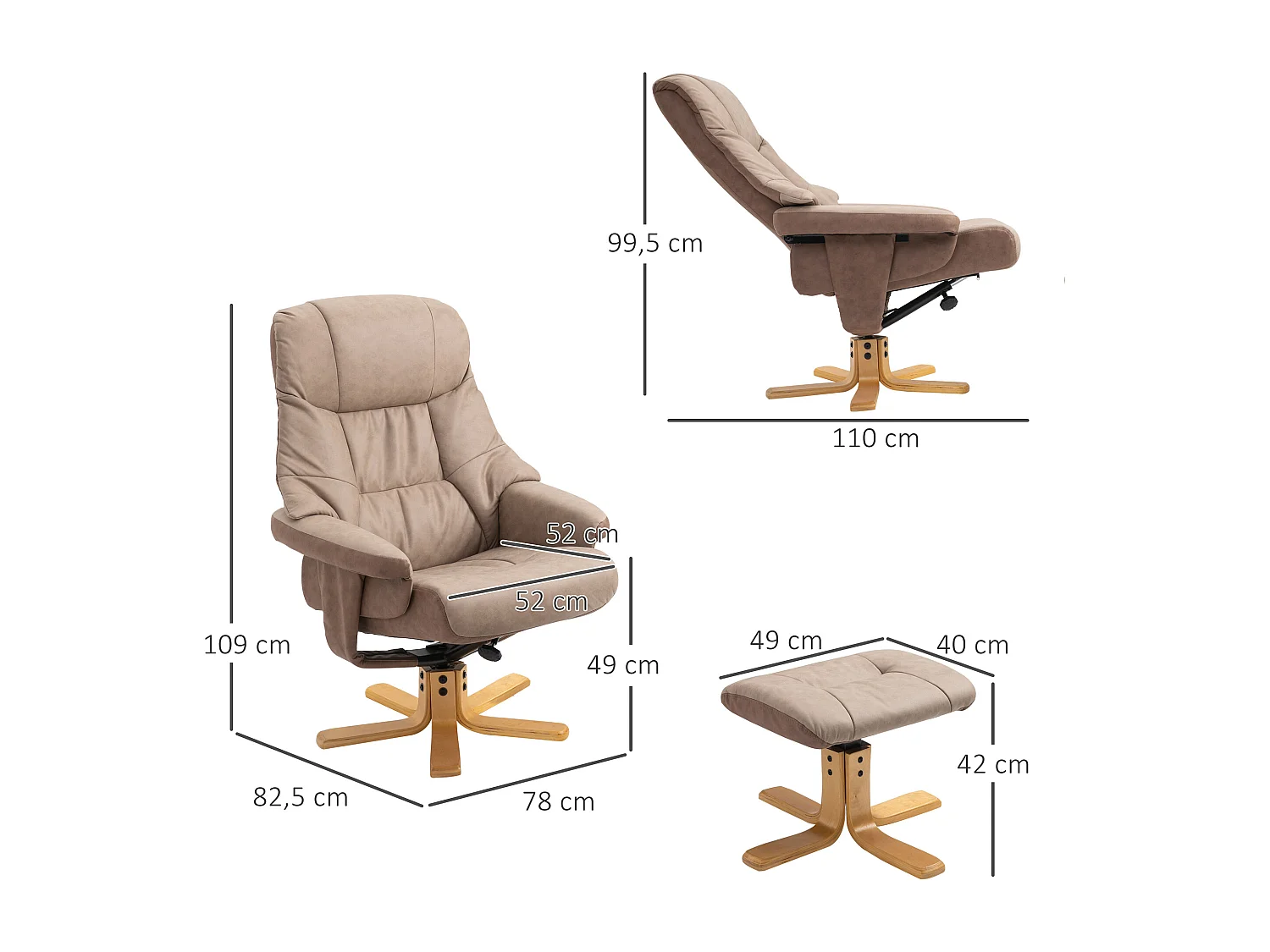 Fauteuil relax style contemporain - dossier inclinable, repose-pied - piètement bois peuplier verni tissu technique taupe clair
