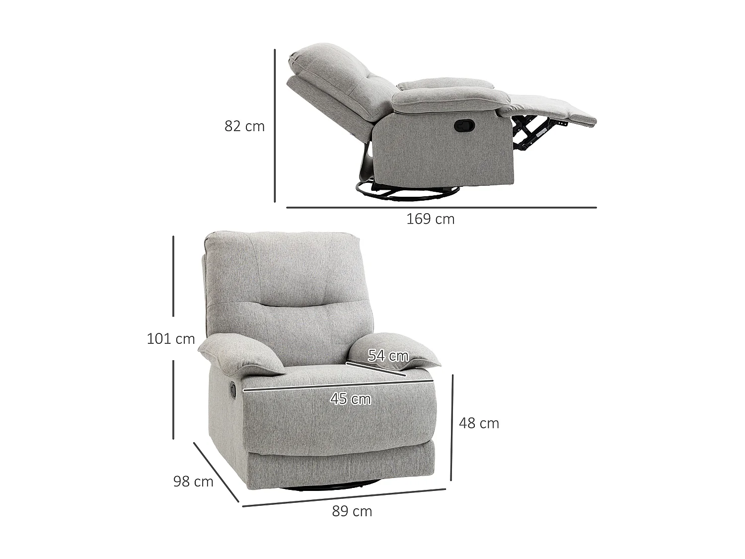 Fauteuil de relaxation grand confort pivotant 360° dossier inclinable repose-pied ajustable tissu gris clair