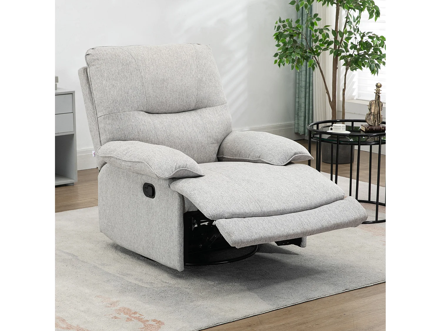 Fauteuil de relaxation grand confort pivotant 360° dossier inclinable repose-pied ajustable tissu gris clair