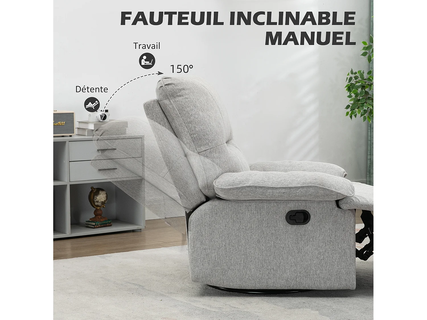 Fauteuil de relaxation grand confort pivotant 360° dossier inclinable repose-pied ajustable tissu gris clair