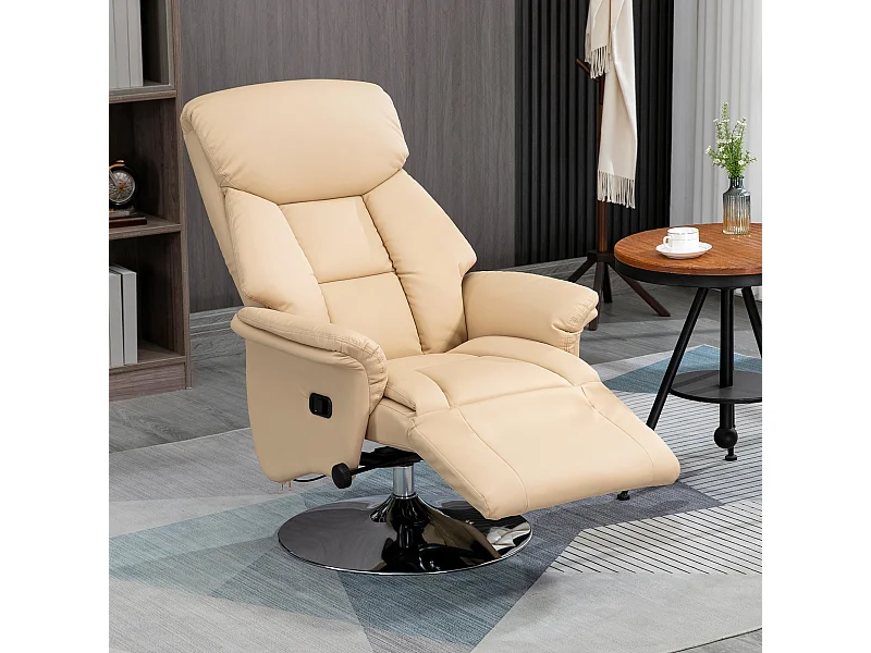 Fauteuil relax inclinable repose-pied réglable pivotant 360° piètement métal chromé revêtement synthétique beige
