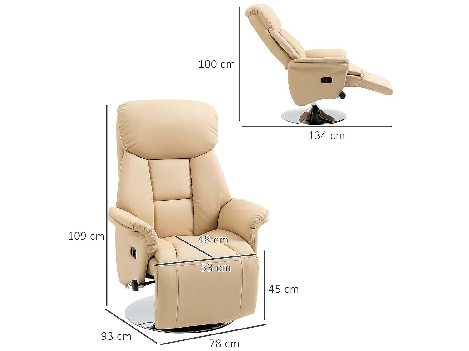 Fauteuil relax inclinable repose-pied réglable pivotant 360° piètement métal chromé revêtement synthétique beige