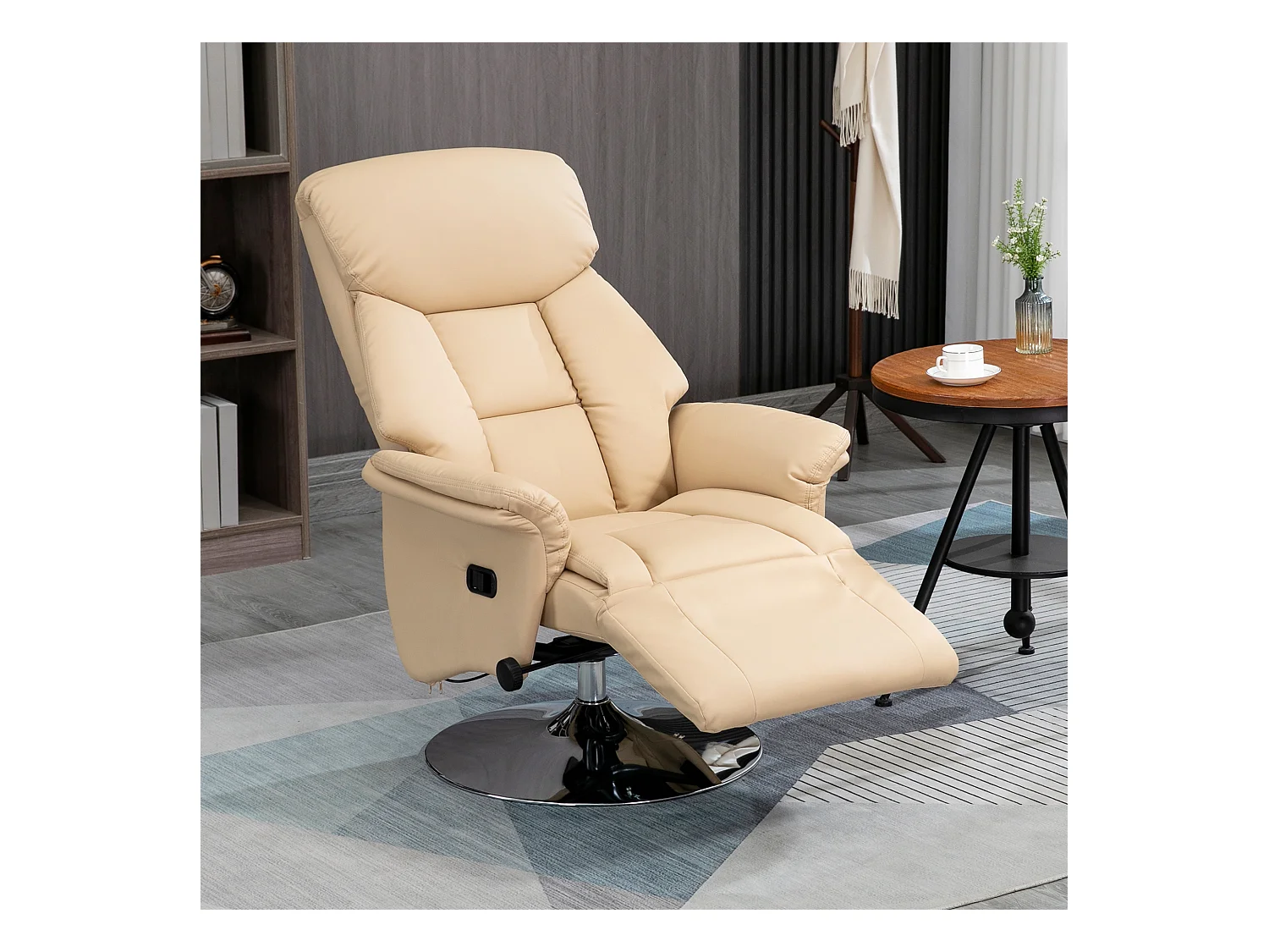 Fauteuil relax inclinable repose-pied réglable pivotant 360° piètement métal chromé revêtement synthétique beige