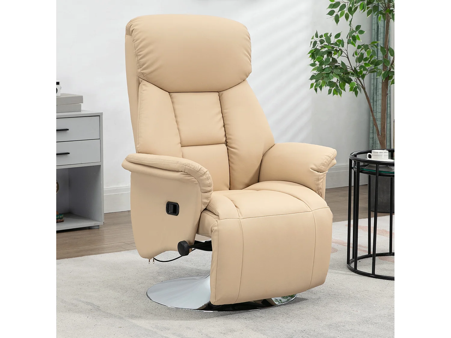 Fauteuil relax inclinable repose-pied réglable pivotant 360° piètement métal chromé revêtement synthétique beige
