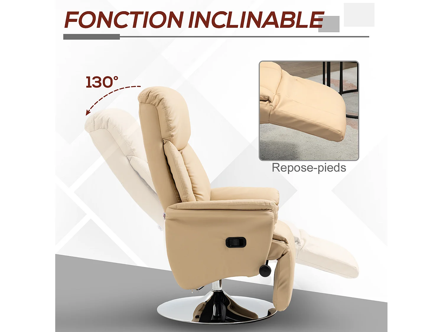 Fauteuil relax inclinable repose-pied réglable pivotant 360° piètement métal chromé revêtement synthétique beige