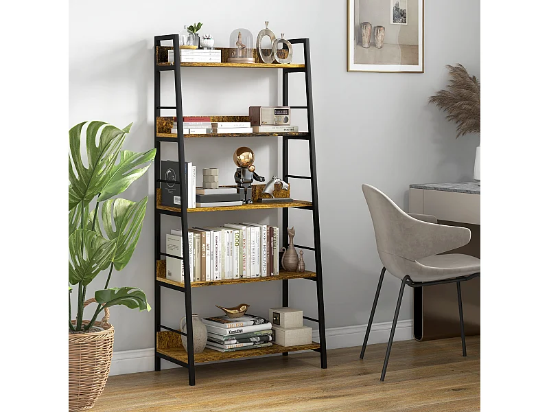 Étagère bibliothèque style industriel incliné 5 niveaux 70L x 35l x 150H cm coloris bois vieilli noir