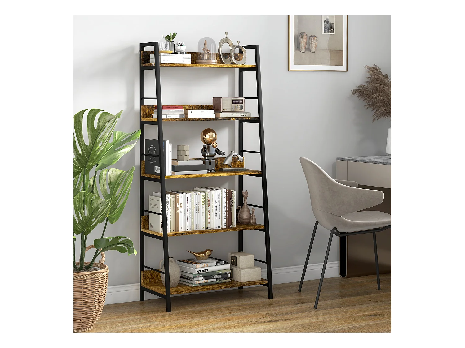 Étagère bibliothèque style industriel incliné 5 niveaux 70L x 35l x 150H cm coloris bois vieilli noir