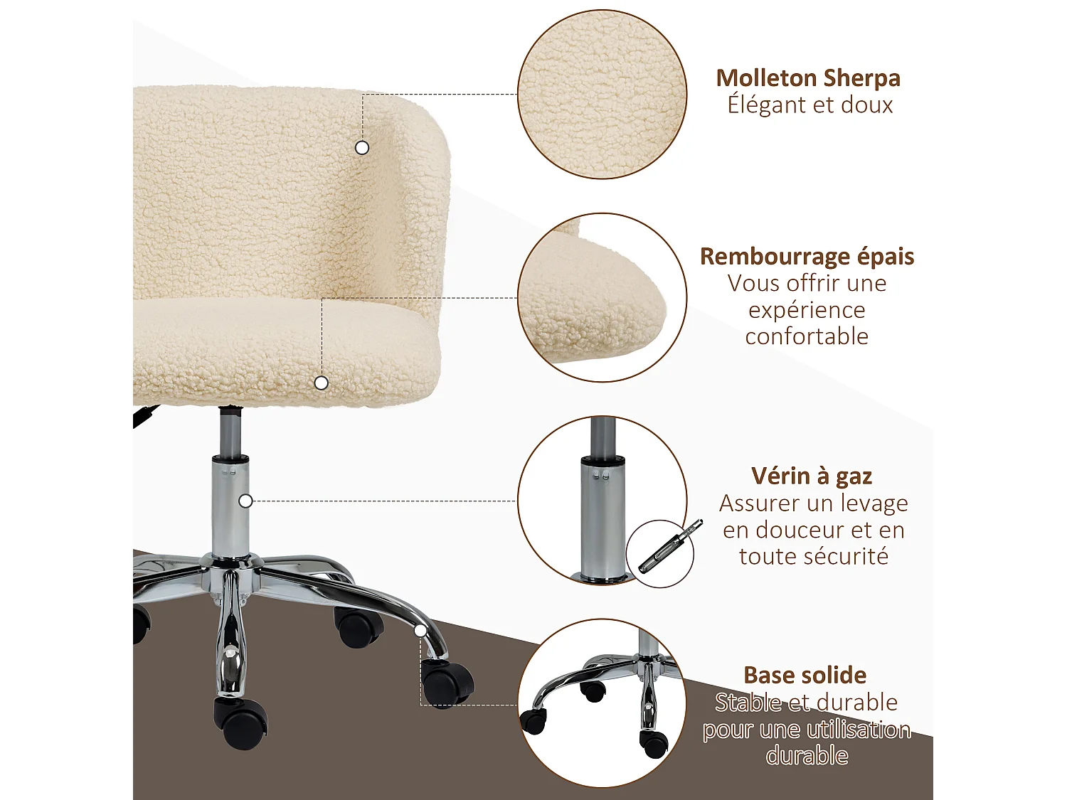 Chaise de bureau design - hauteur réglable, pivotante - piètement acier chromé revêtement effet laine bouclée terre de sienne