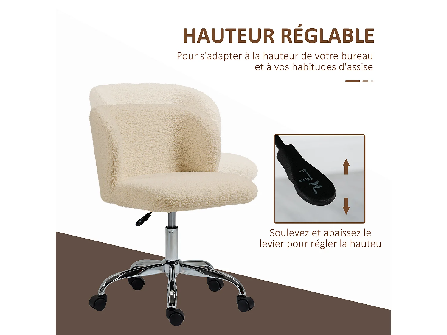 Chaise de bureau design - hauteur réglable, pivotante - piètement acier chromé revêtement effet laine bouclée terre de sienne