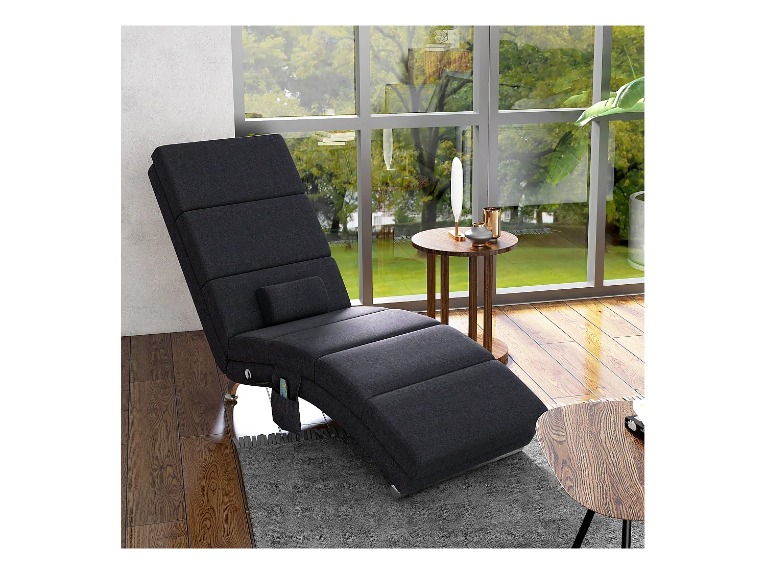 Fauteuil relax massant chauffant design contemporain - chaise longue d'intérieur - piètement métal chromé tissu noir