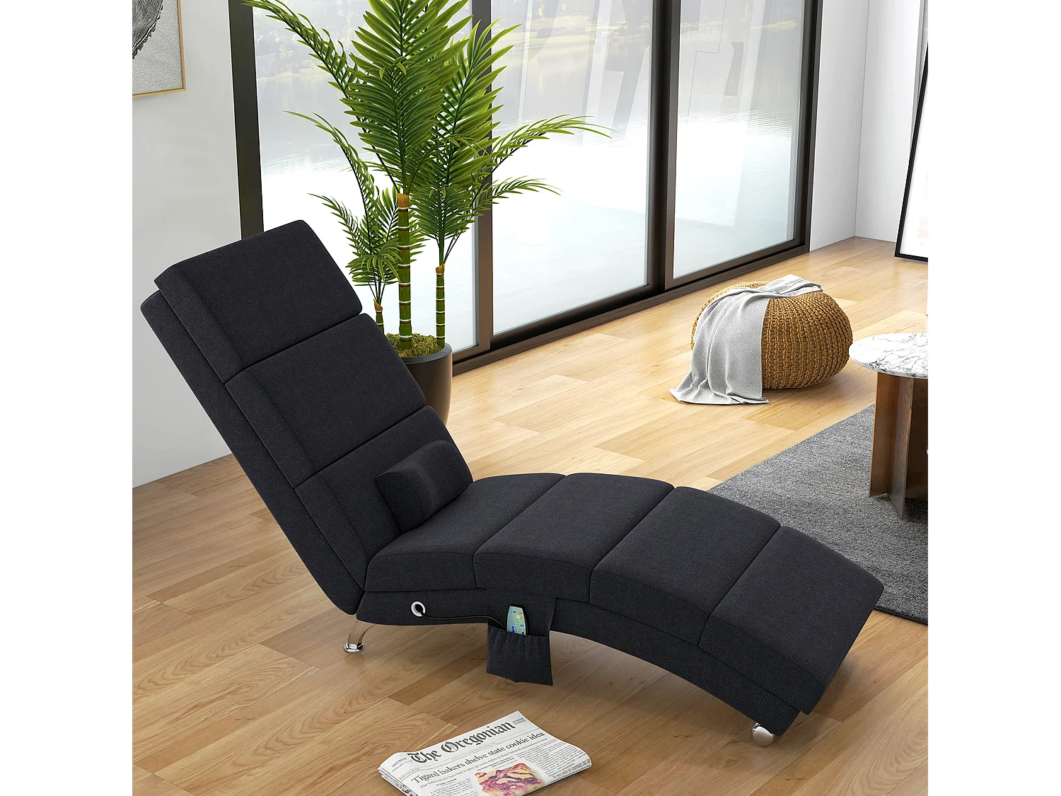 Fauteuil relax massant chauffant design contemporain - chaise longue d'intérieur - piètement métal chromé tissu noir