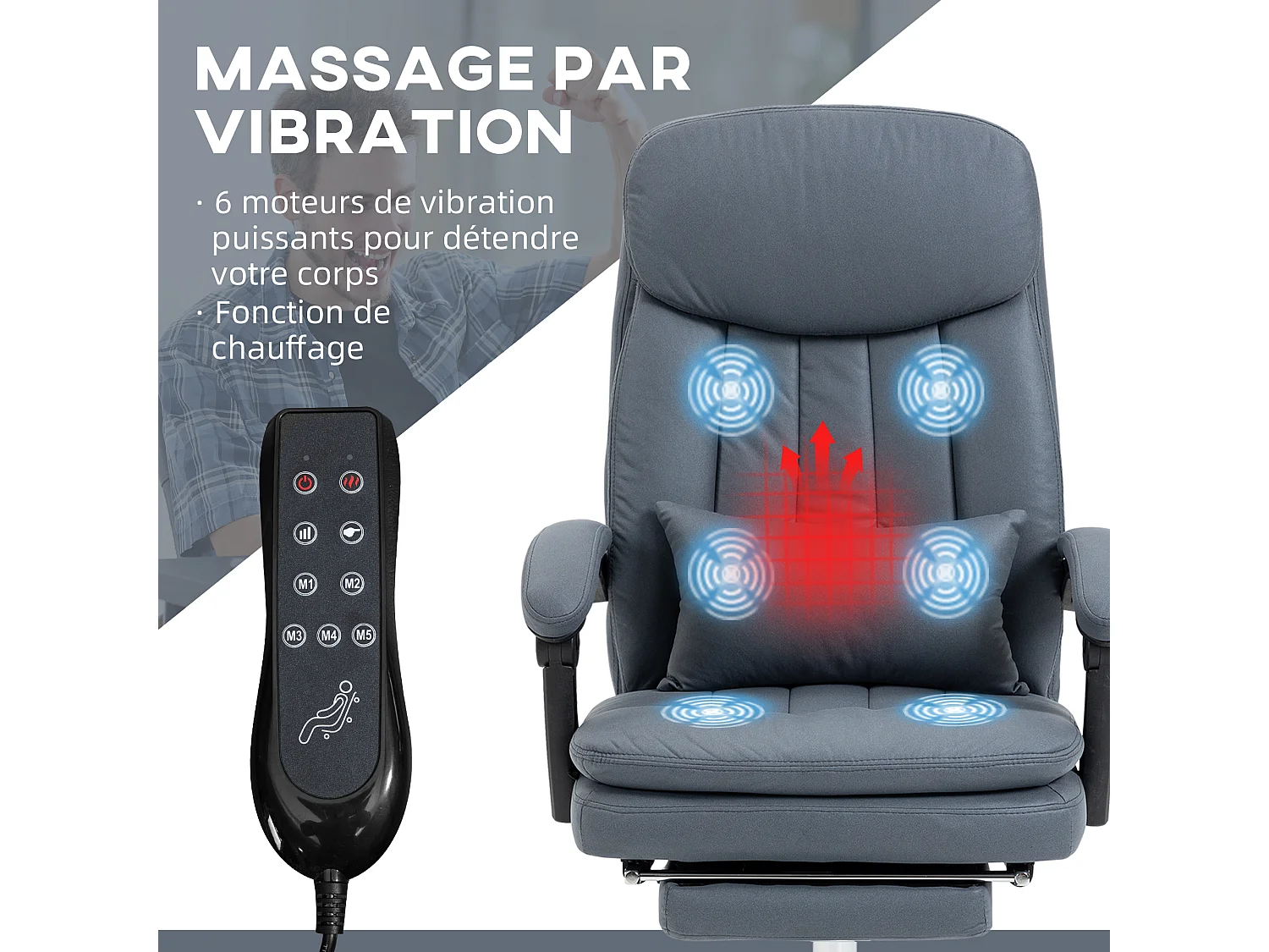 Fauteuil de bureau direction massant chauffant inclinable réglable repose-pied intégré tissu technique bleu