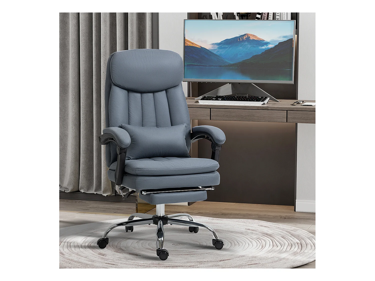 Fauteuil de bureau direction massant chauffant inclinable réglable repose-pied intégré tissu technique bleu