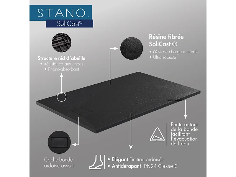 Piatto doccia ultrasottile 80x 130 cm nero PIATTO in SoliCast® finitura ardesia