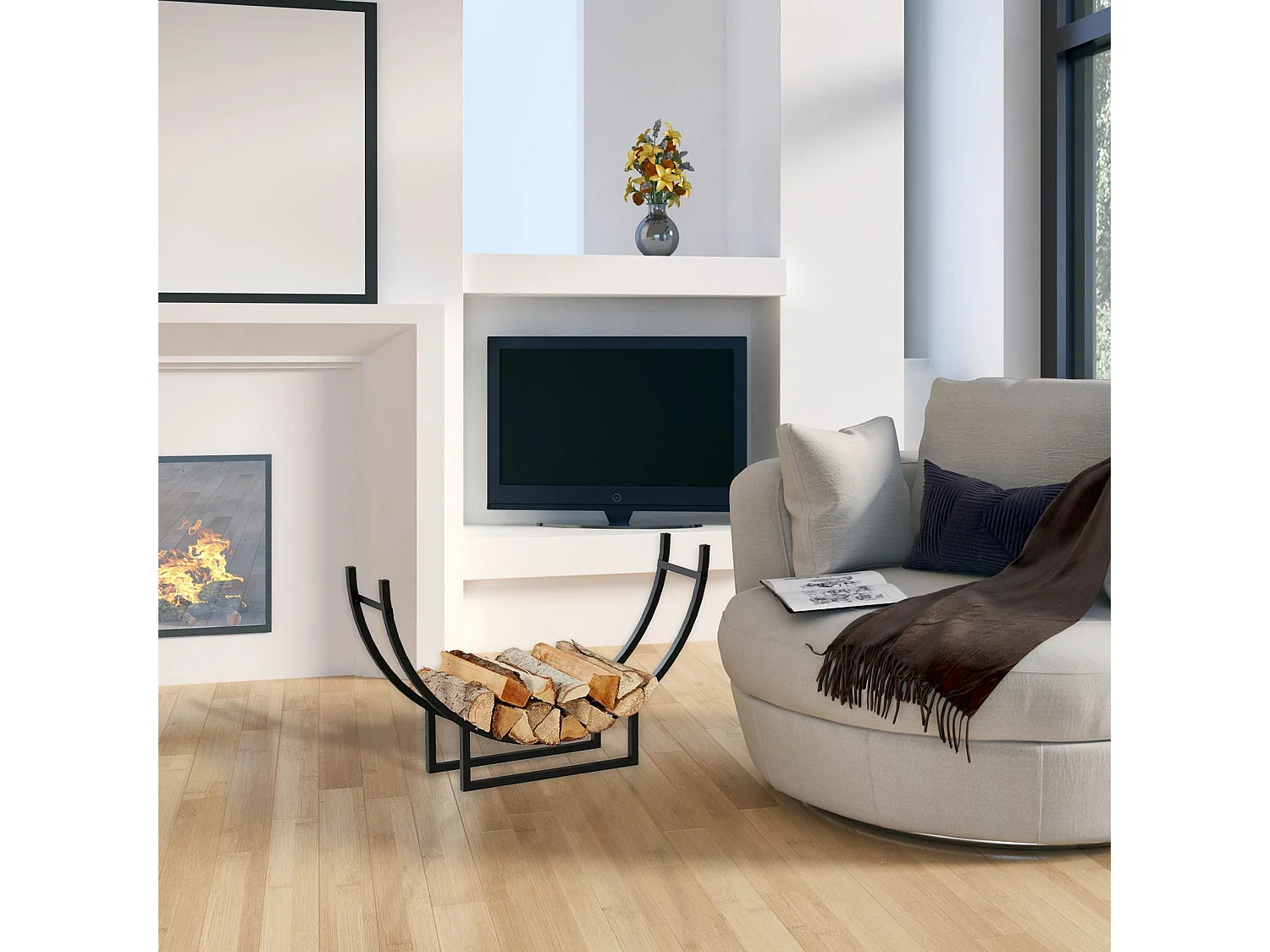 Leñero de Interior Kekai Semiround 92x55x21 cm Diseño Curvado con Estructura de Acero Galvanizado, Color Negro