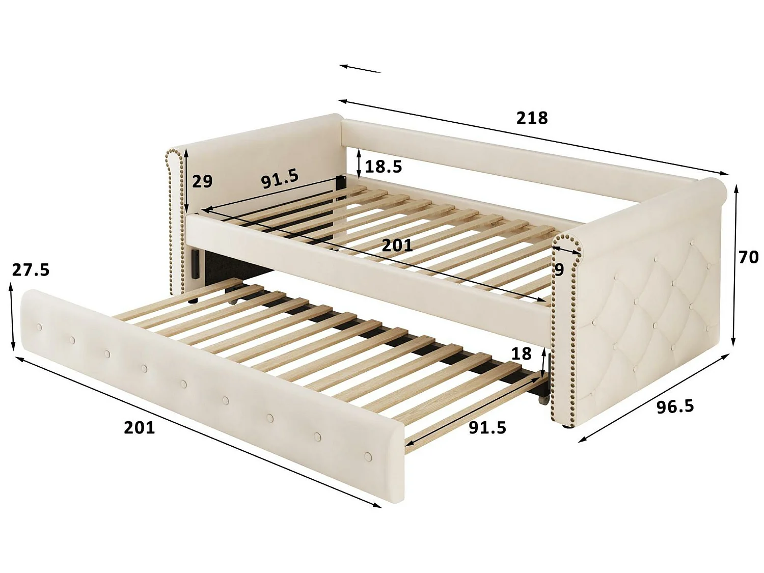 Lit gigogne 90x200cm en lin avec sommier à lattes - Beige