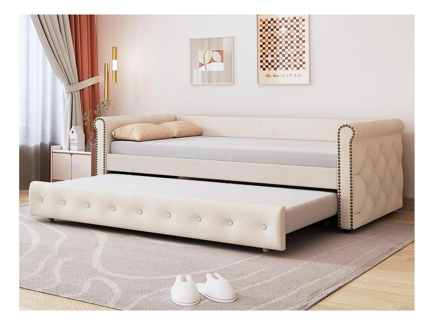 Linnen onderschuifbed 90x200cm met lattenbodem - Beige