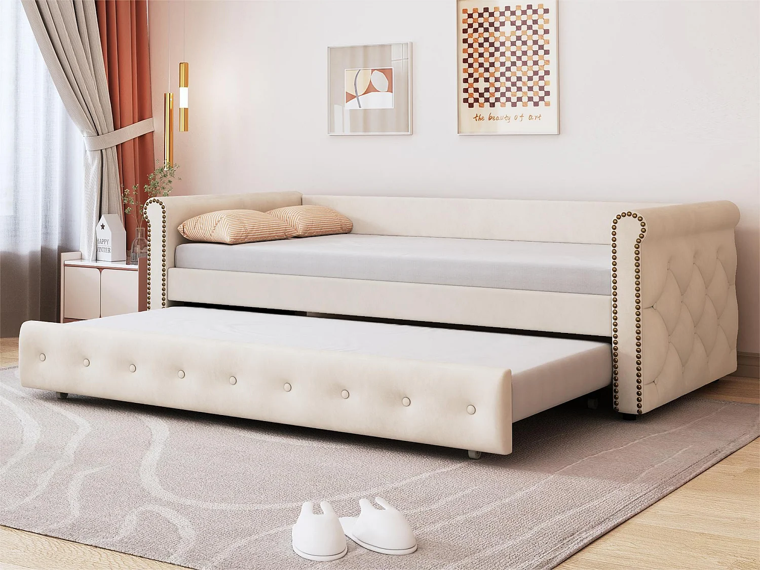 Lit gigogne 90x200cm en lin avec sommier à lattes - Beige