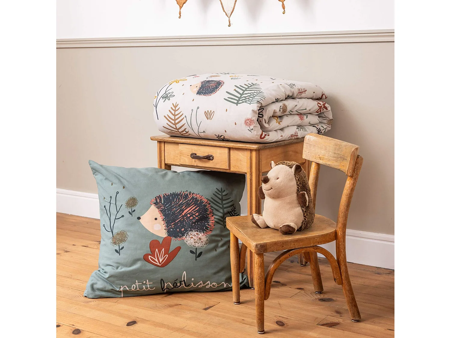 Parure de lit coton imprimé hérisson 240x220 cm beige