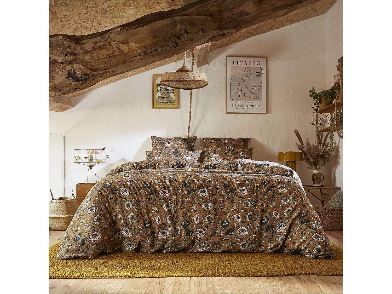 Housse de couette gaze de coton imprimé floral 140x200 cm marron