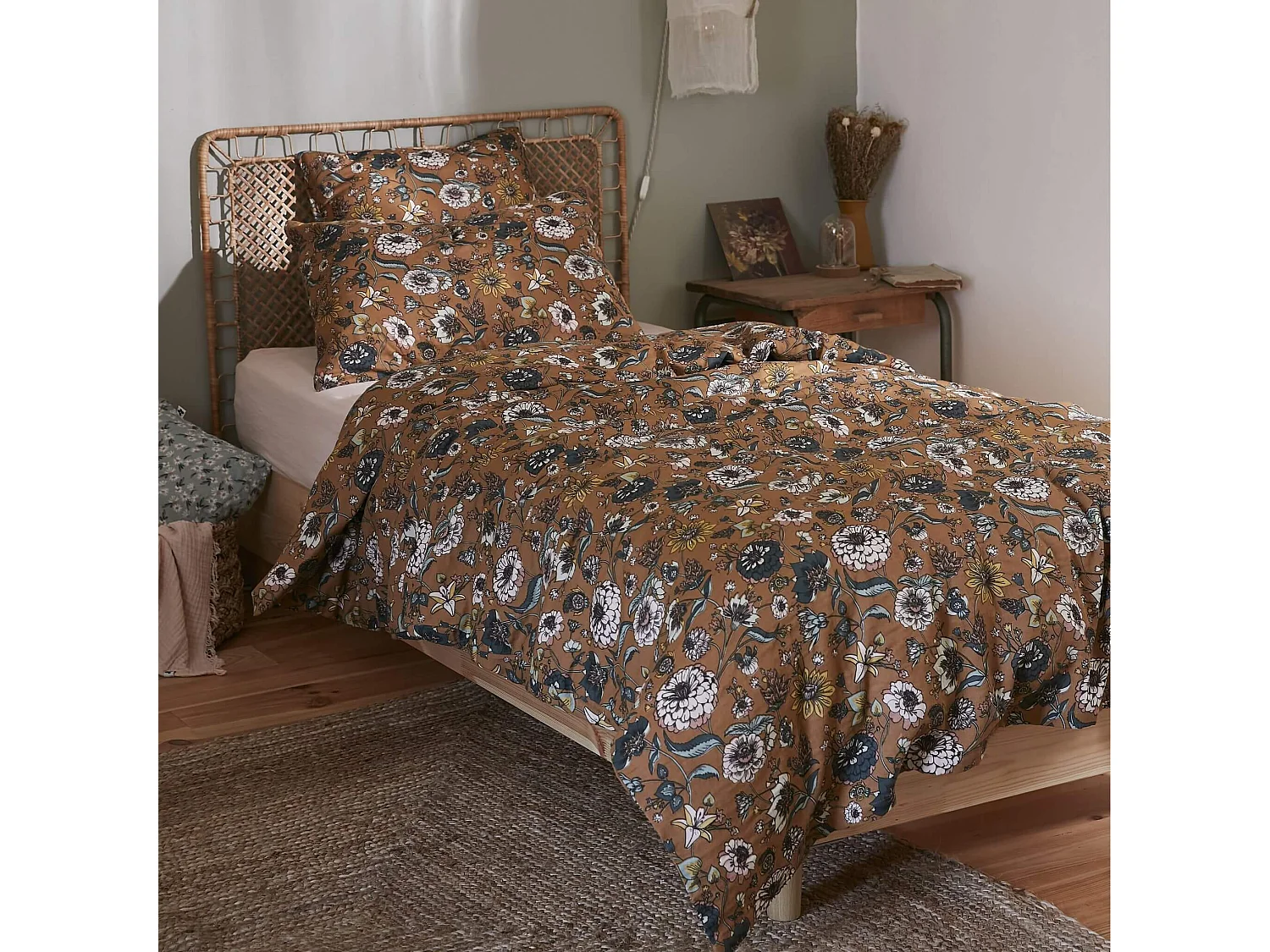 Housse de couette gaze de coton imprimé floral 140x200 cm marron